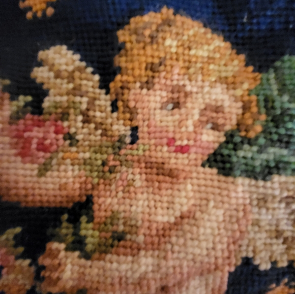 VTG Needlepoint Stocking Cherub Angel Navy Blue Velvet Christmas - Picture 4 of 6